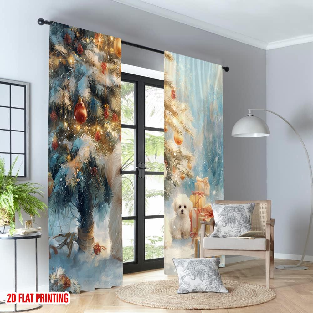 Set Of 2 Flat Printing Merry Christmas Curtains Puppies Snow Gift Digital Printed Polyester Drapes Family Party Made