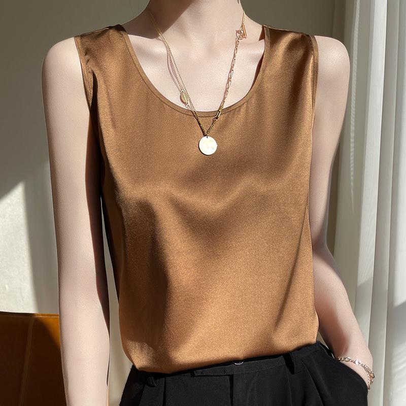 Women's Sleeveless Summer Silk Camisole - Loose Fit, Round Neck, Mulberry Silk Base Layer Top