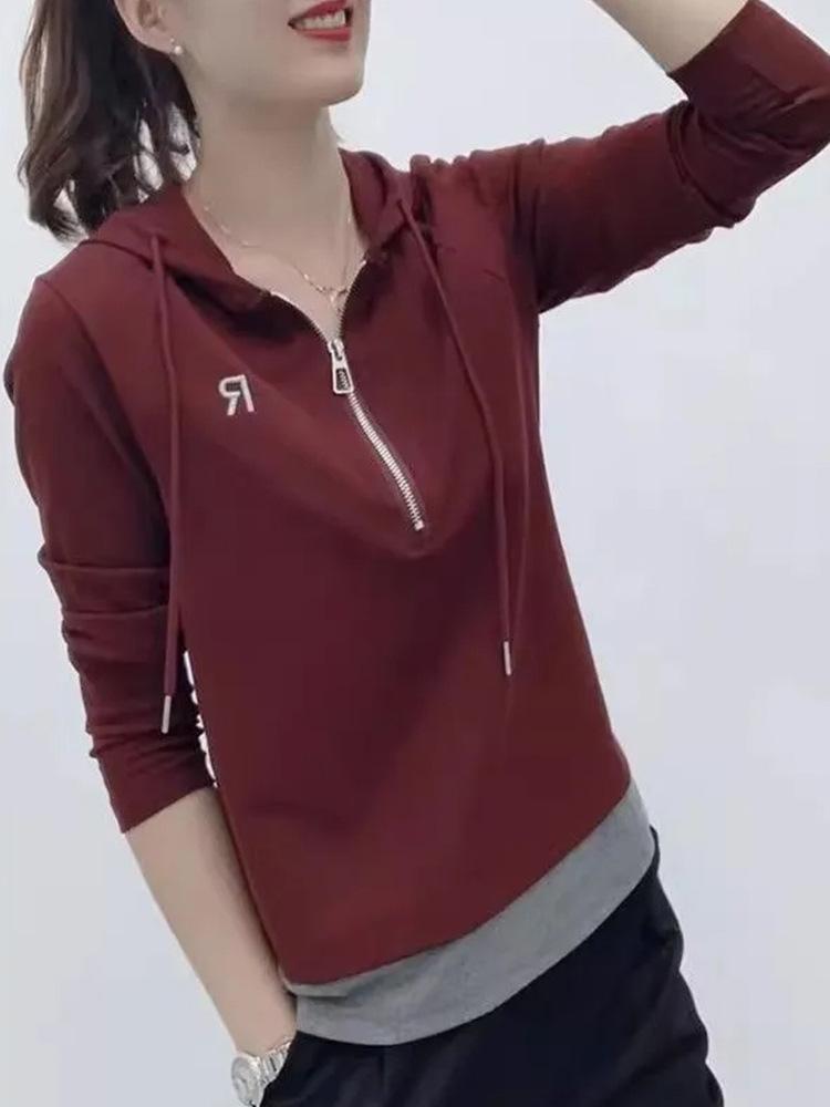 

Худи с капюшоном на молнии до середины, с длинным рукавом, в зарубежном стиле, весенне-осенний топ, цветной, имитация двухслойной футболки, женский 3XL темно-красного