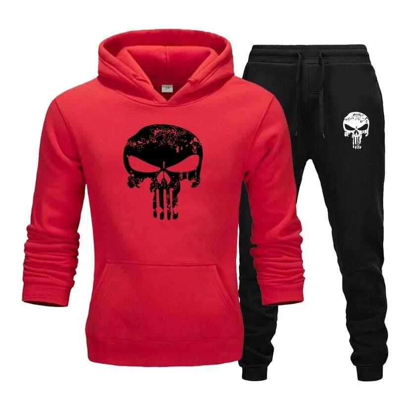 Worn-skull Men Hoodie & Jogger Set Front Vintage Scratched Skull Chest Print, Slim Bone Mark on Trousers, Thick Fleece Outfit for Outdoor Day Trips