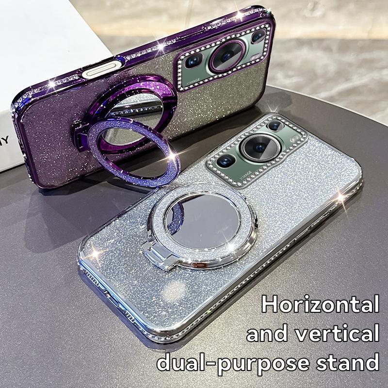 KEYSION Luxury Glitter Jewelled Magnetic Phone Case for Huawei P60 Pro Makeup Mirror Stand Shockproof Cover for Huawei P60