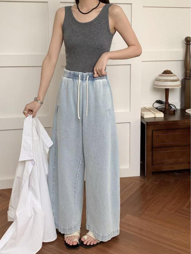 Ting Lan White Cow Elastic Loose Wide-Leg Slimming Casual Nine-Point Pants