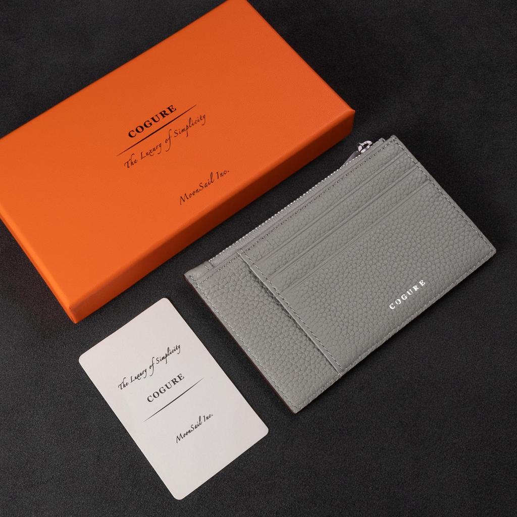 Cogre Thin Wallet Fragment Case Mini Wallet Zipper Pocket Genuine Leather Shrink Calf Leather Slim Unisex Gift Box Included COPCC110F Greige [COGURE]