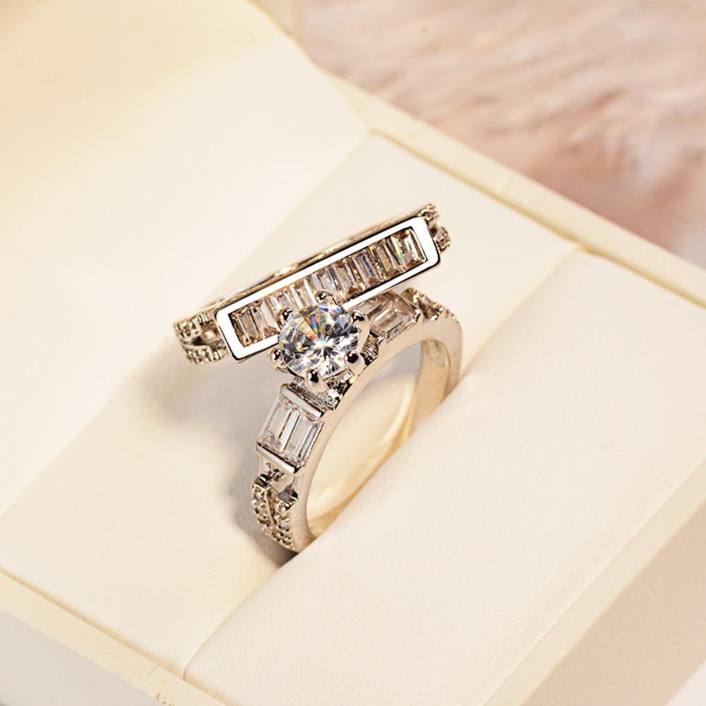 925 Silver Plated Cubic Zirconia Rings for Women Sparkling Square Engagement Wedding Band Set
