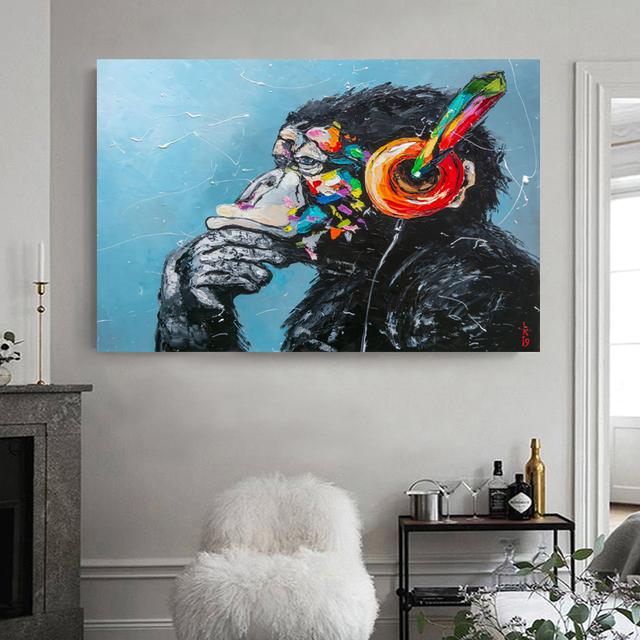 

НАДЕЖНОЕ ИСКУССТВО Картина с изображением животных Горилла в очках и наушниках Холст Картины Настенное искусство для украшения дома Плакаты и принты 21cm×30cm NoFrame