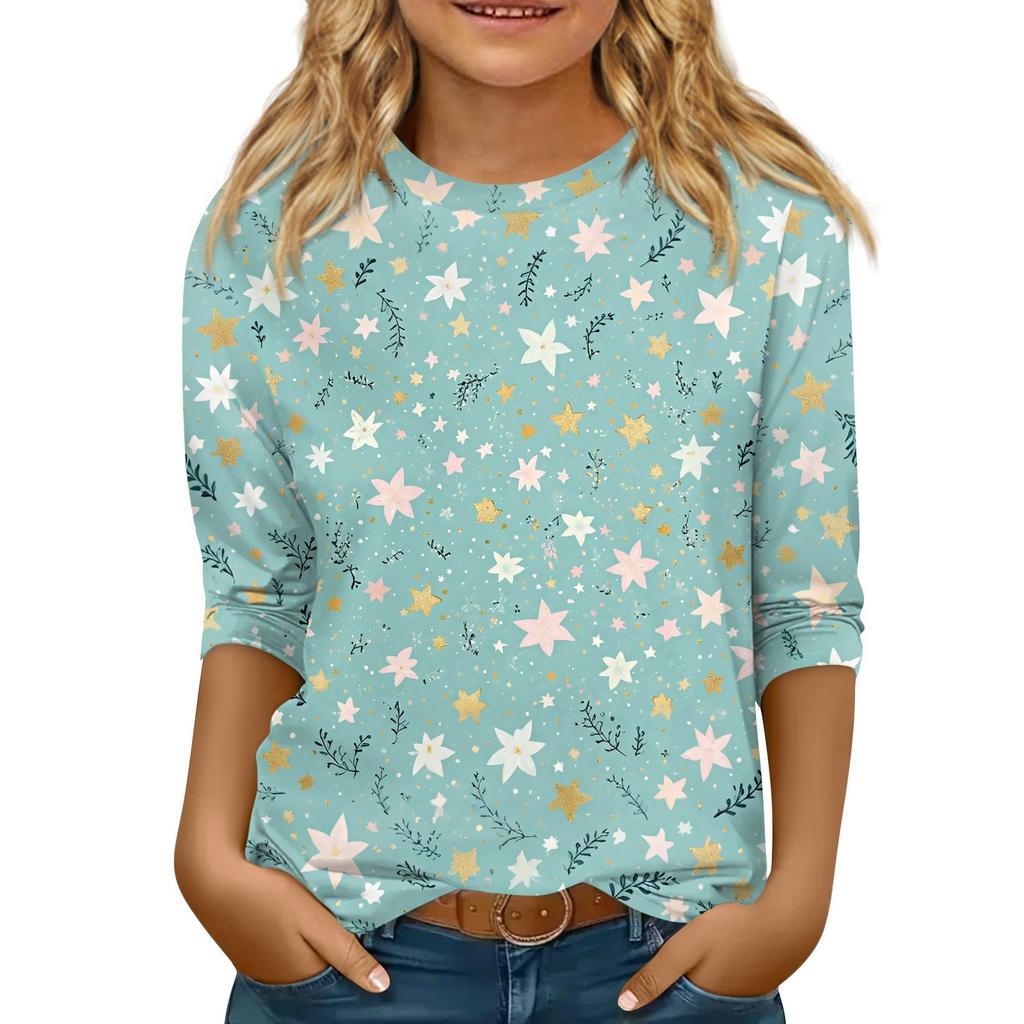 Bluzka dziecięca z rękawem 3/4, luźny t-shirt z nadrukiem i okrągłym dekoltem