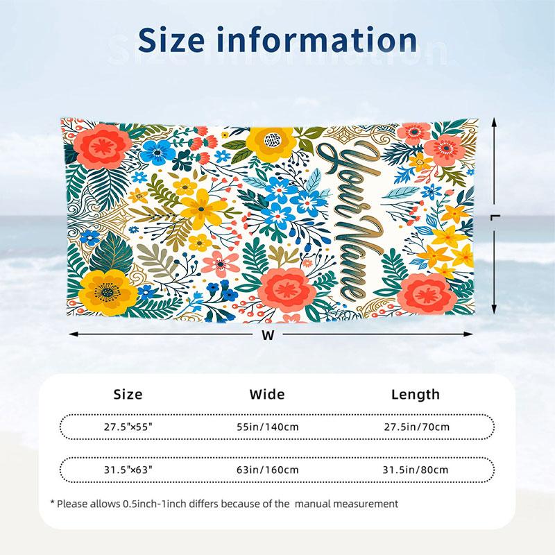 Floral Artwork 5 Theme Quick Dry Beach Towel Custom Name Text Print Large Sand Resistant Towel Beach Vacation