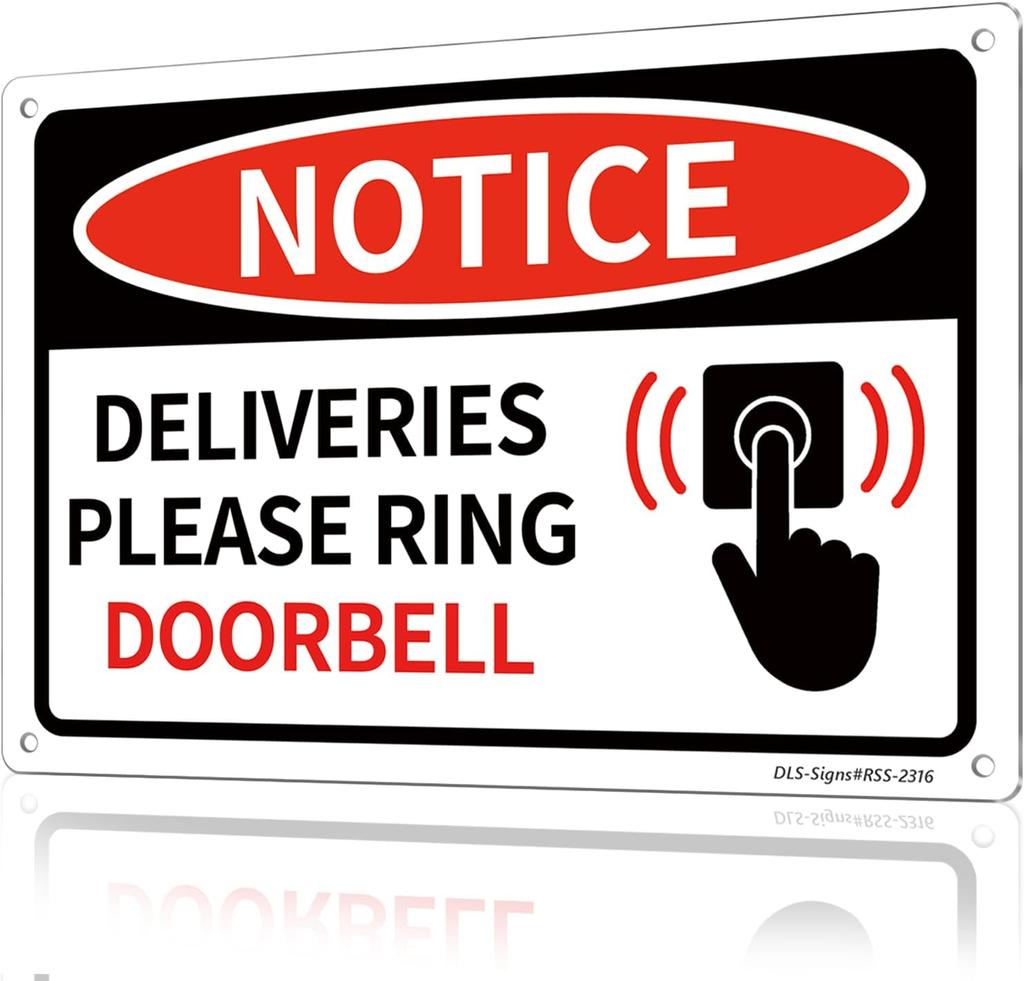 Vintage Retro Notice Sign Deliveries Please Ring Doorbell with Hand Pressing Button and Sound Wave Icon Design HD Metal Pictur