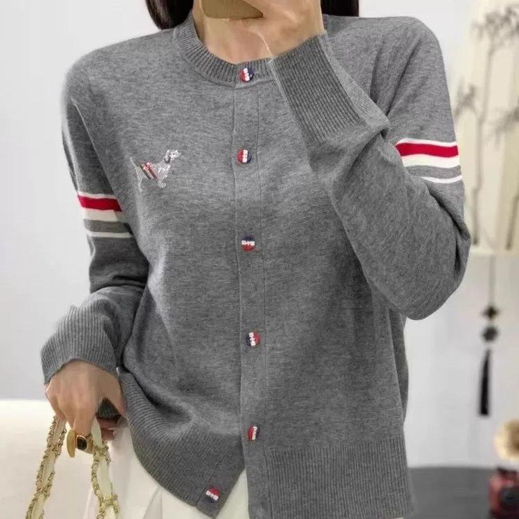 Women's Korean Style Embroidered Color Block Striped Sweater Cardigan