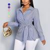 2026 Plus Size Womens Striped Button-Up Shirt With Knot Detail Fitted Waist Long Sleeve Casual Blouse