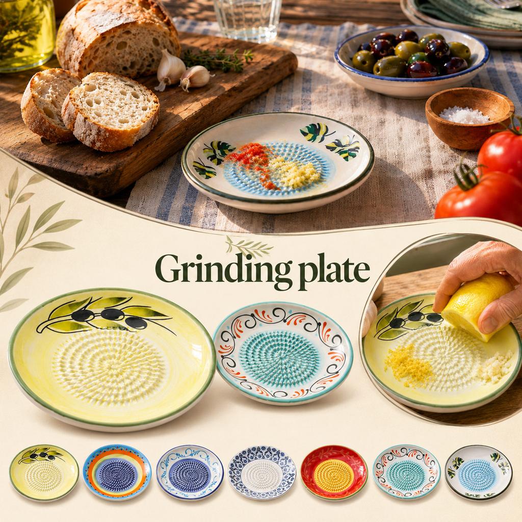 Ceramic Grinding Plate for Kitchen Use with Raised Textured Surface and Decorative Pattern Suitable for Food Preparation and Herb Grinding