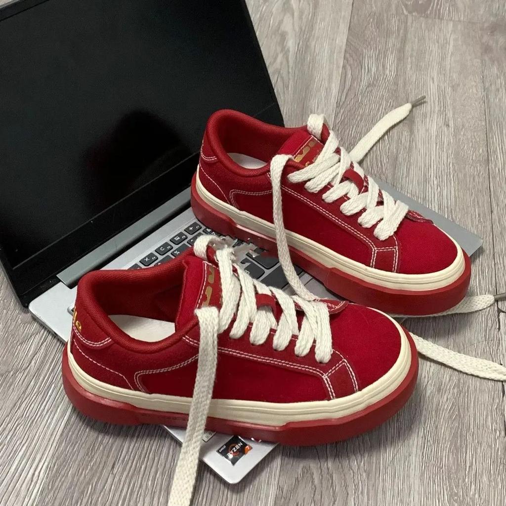 Women Vintage Red Canvas Low-top Jogging Sneakers Casual Letter Embroidery Skateboard Shoes Students Flat Outdoor Trainers