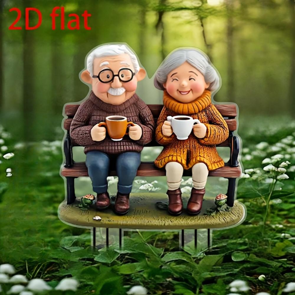 Teselskap for eldre par, 2D flat akryl, romantiske hagepynt til Valentinsdagen, egnet for plener, terrasser og hager, jul, Halloween