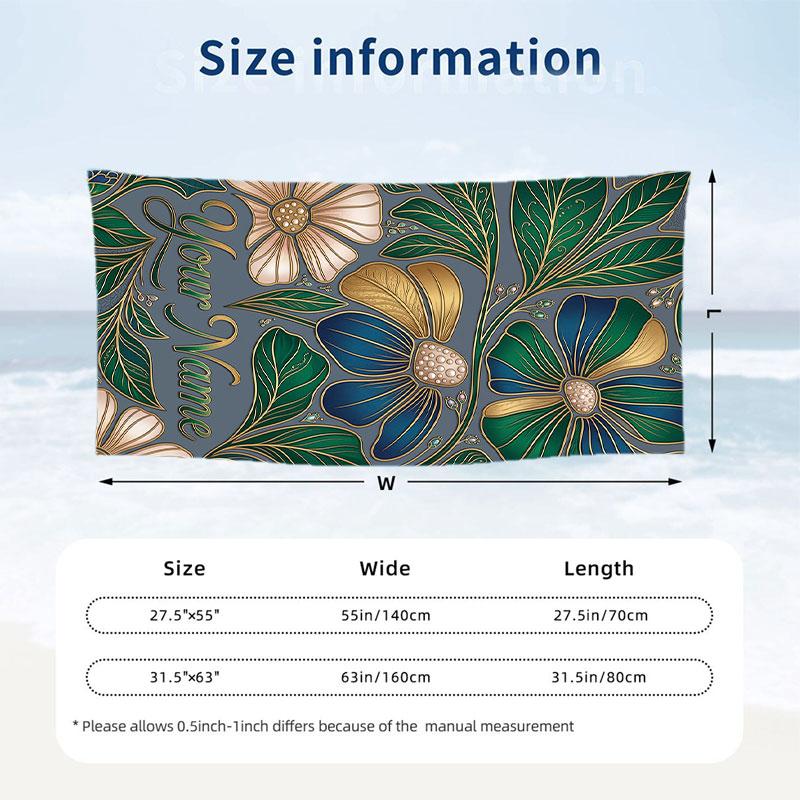 Floral Art Nouveau 4 Theme Quick Dry Beach Towel Custom Name Text Print Large Sand Resistant Towel Beach Vacation