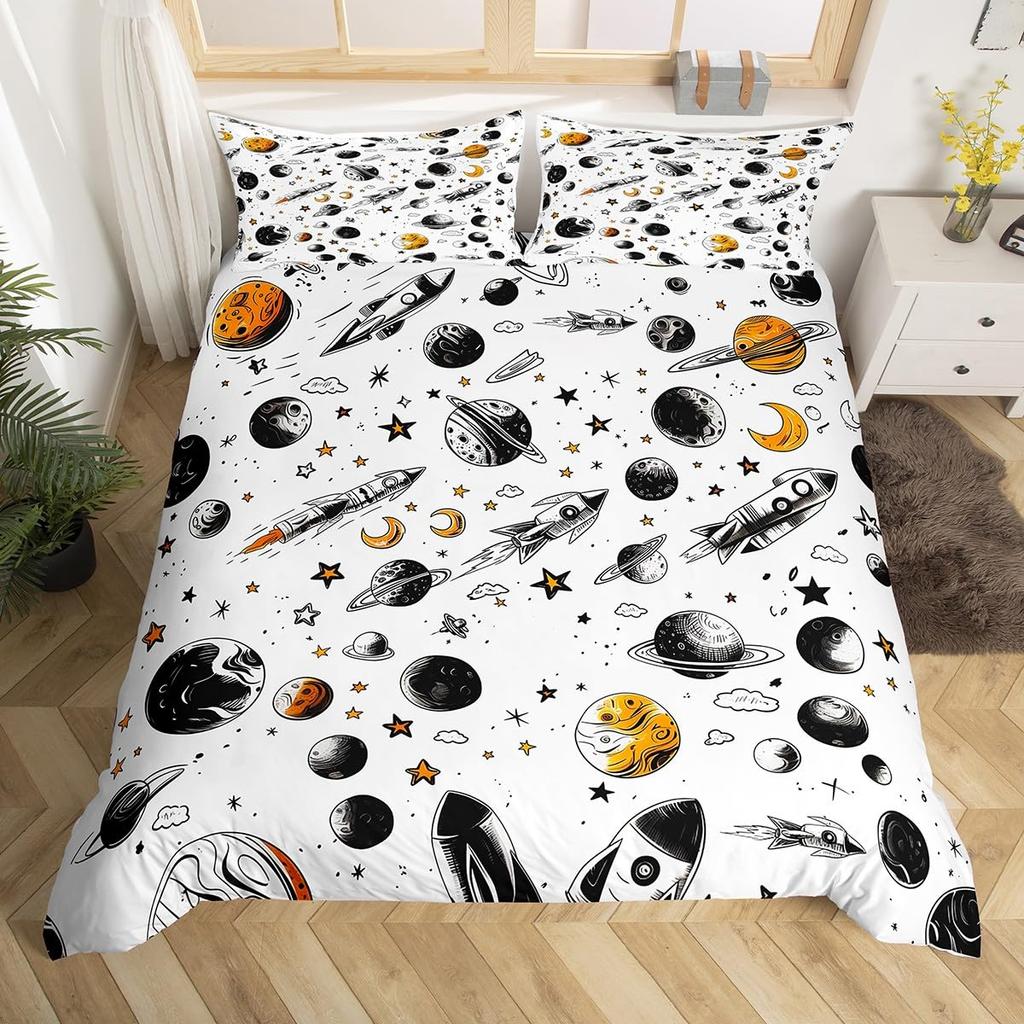 Planet Kids Duvet Cover Planets Rockets Airships Outer Space Galaxy Bedding Set,Stars Dots Comforter Cover Cartoon Quilt Cover