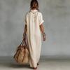 Sommer Baumwoll-Leinen Maxikleid für Damen Lässig V-Ausschnitt Kurzarm Fließendes Strand-Sonnenkleid Bestickte Tunika Langes Kleid mit Tasche