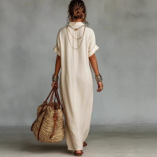 Sommer Baumwoll-Leinen Maxikleid für Damen Lässig V-Ausschnitt Kurzarm Fließendes Strand-Sonnenkleid Bestickte Tunika Langes Kleid mit Tasche