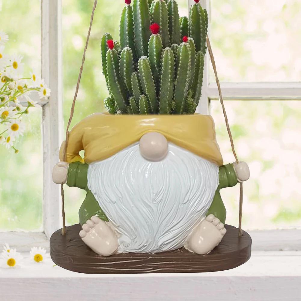 Swing Gnome Planter Resin Cute Plant Succulent Pots Creative Dwarf Flower Container for Indoor Outdoor Plant