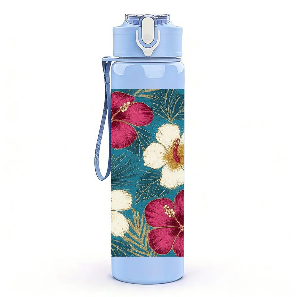 1PC Mixed Red White Wildflowers 750ml Color Plastic Sports Water Bottle Leakproof Flip Straw Lid Suitable for Sports Office Home Use