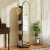 2-in-1 Full Length Mirror with Storage Shelves, Floor Mirror with 4 Wheels, Coat Rack, Hooks, Brown Wood Effect
