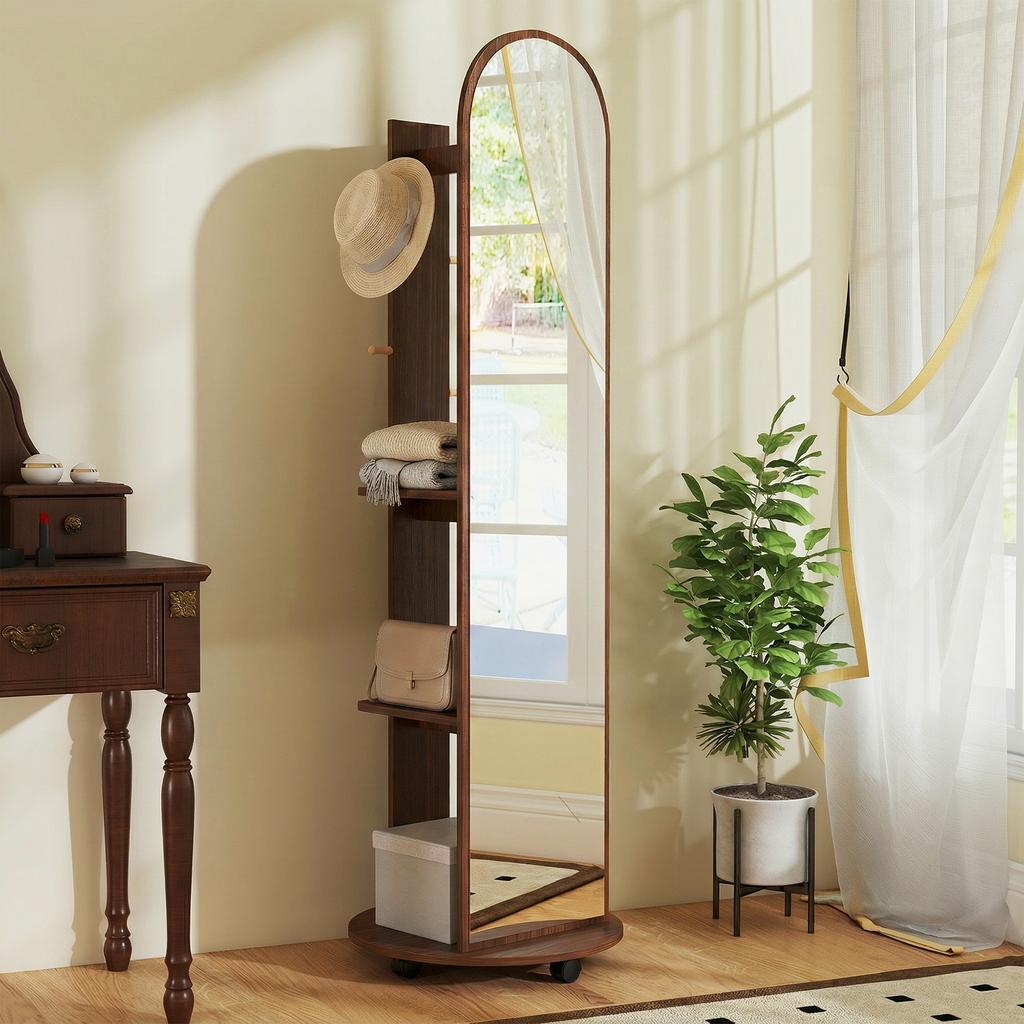 2-in-1 Full Length Mirror with Storage Shelves, Floor Mirror with 4 Wheels, Coat Rack, Hooks, Brown Wood Effect