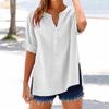 Women's Summer Casual V-neck Button Shirt Solid Color Short Sleeve Hem Split Cotton Blouse