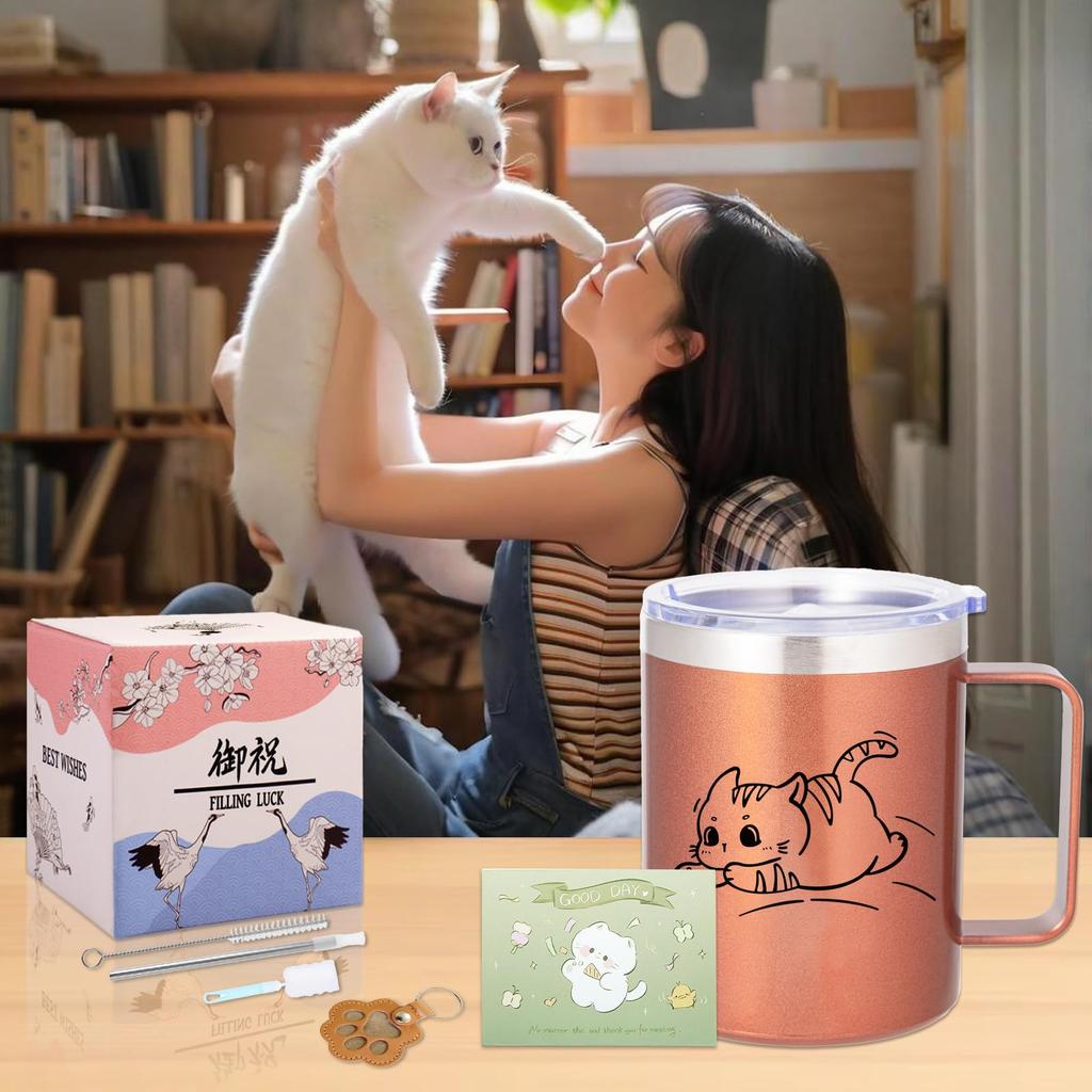 FILLING LUCK Cat Gifts for Women, Cute Cat Mug, Birthday Gift for Mother, Wife, Female Friend, Popular Gift, Cat Design, Handle, Insulates Hot or