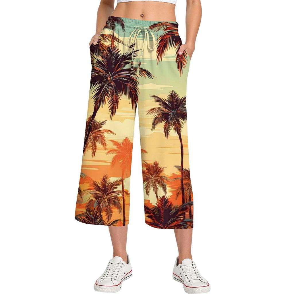 Damen Sommer Hohe Taille Bedruckte Freizeit-Sportbekleidung Lässige Cropped-Hose Weite Hose