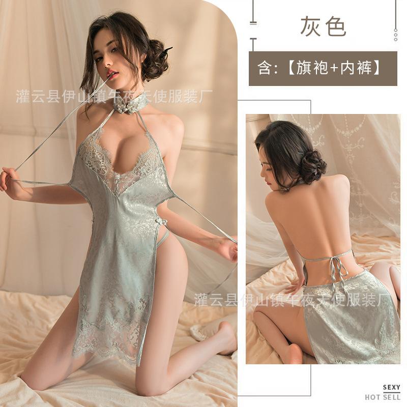 Sexy underwear new sexy backless high split bed passion free perspective lace cheongsam uniform women