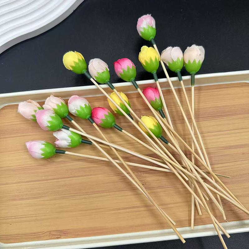 10Pcs Flower Bamboo Sticks Cake Topper Tulip Pod Cocktail Picks For Appetizers Fruit Sticks For Wedding Birthday Dessert Decor