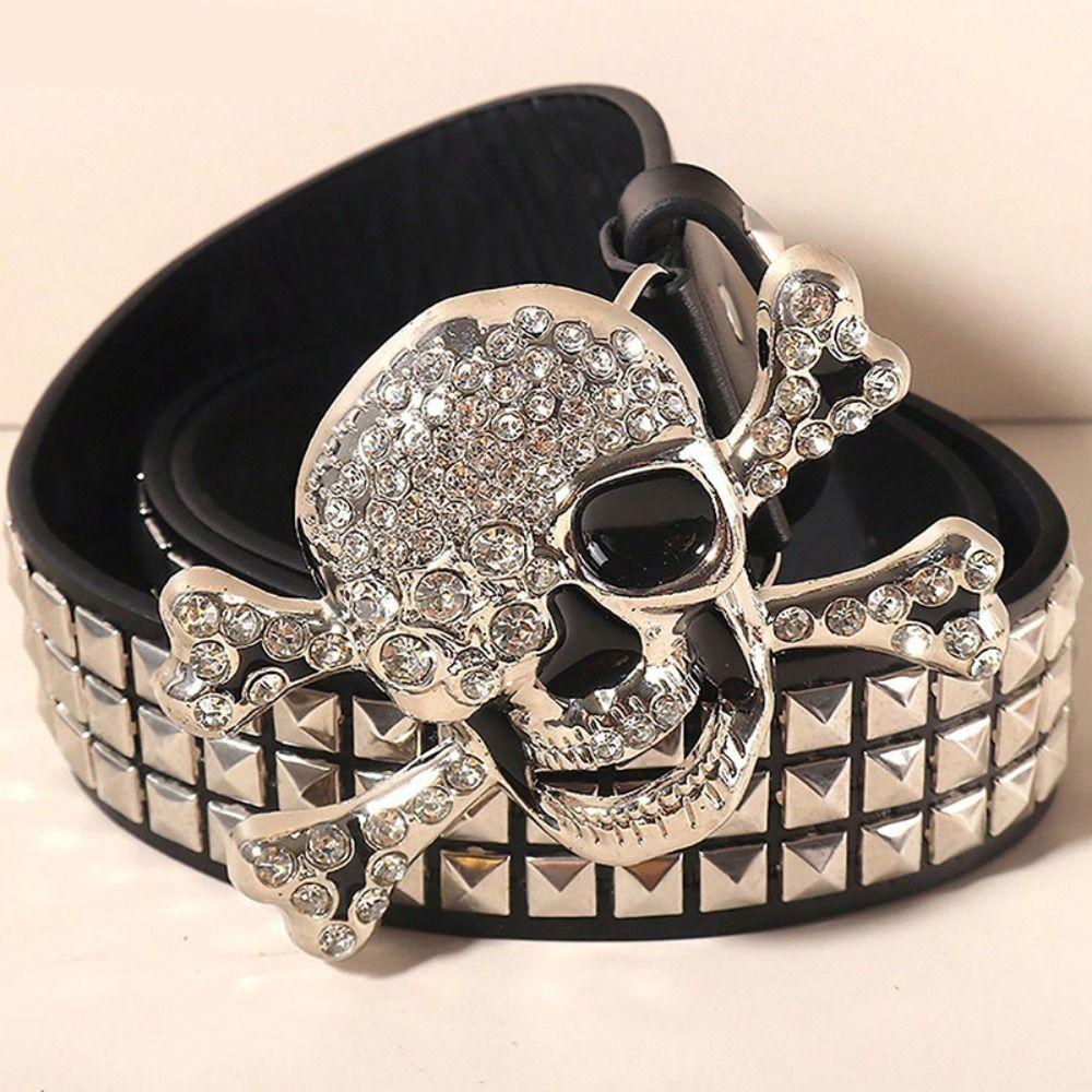 Rhinestone Skull Wide Waistband Adjustable Skeleton Belt Vintage Black Rivet Belt Men