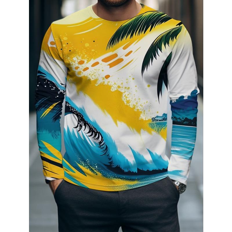 This Long-sleeved Shirt Features a Print of Ocean Waves and Palm Trees in a Yellow, Blue, and White Color Scheme, Exuding a Tropical Vibe