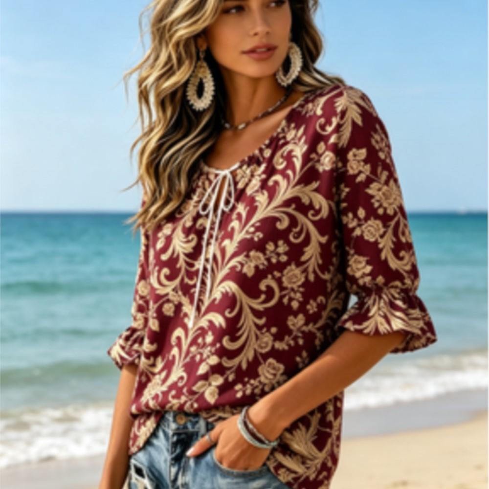 Women's Burgundy Gold Vintage Scroll Floral Print Tie Split Neck Ruffle 3/4 Sleeve Retro Party Blouse