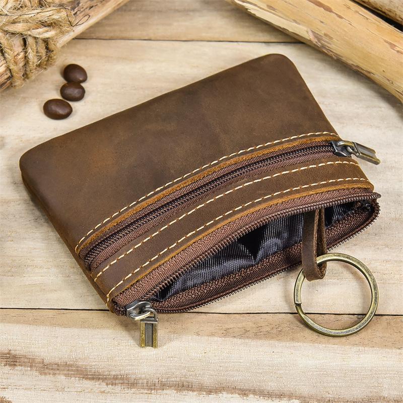 New Men Genuine Leather Zipper Coin Wallet Natural Leather Short Purse Card Holder Cash Clutch Wallet With Key Ring