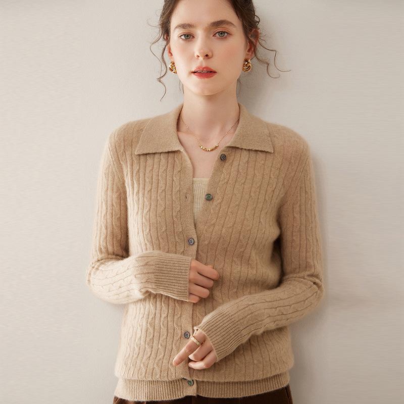 Women's Cable Knit Cashmere Cardigan - Polo Collar, Buttoned, College Style, Fall/Winter Layer