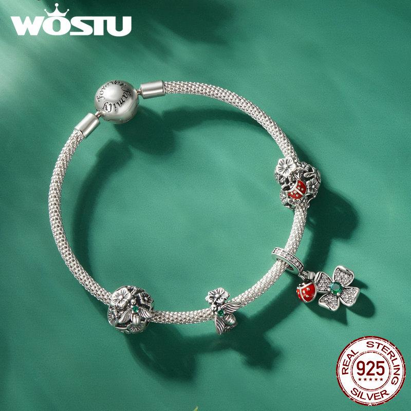 WOSTU 925 Sterlingsølv Lucky Firkløver Ladybug Charms Bee Beads Passer originalt armbånd DIY