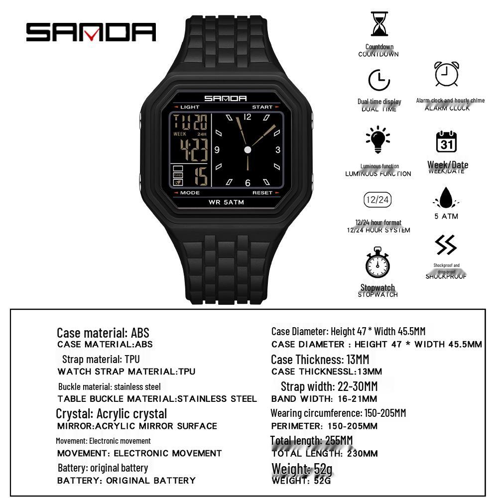 SANDA Unisex Fashion Square Multifunctional Wristwatch – Waterproof, Alarm, Electronic Timer.