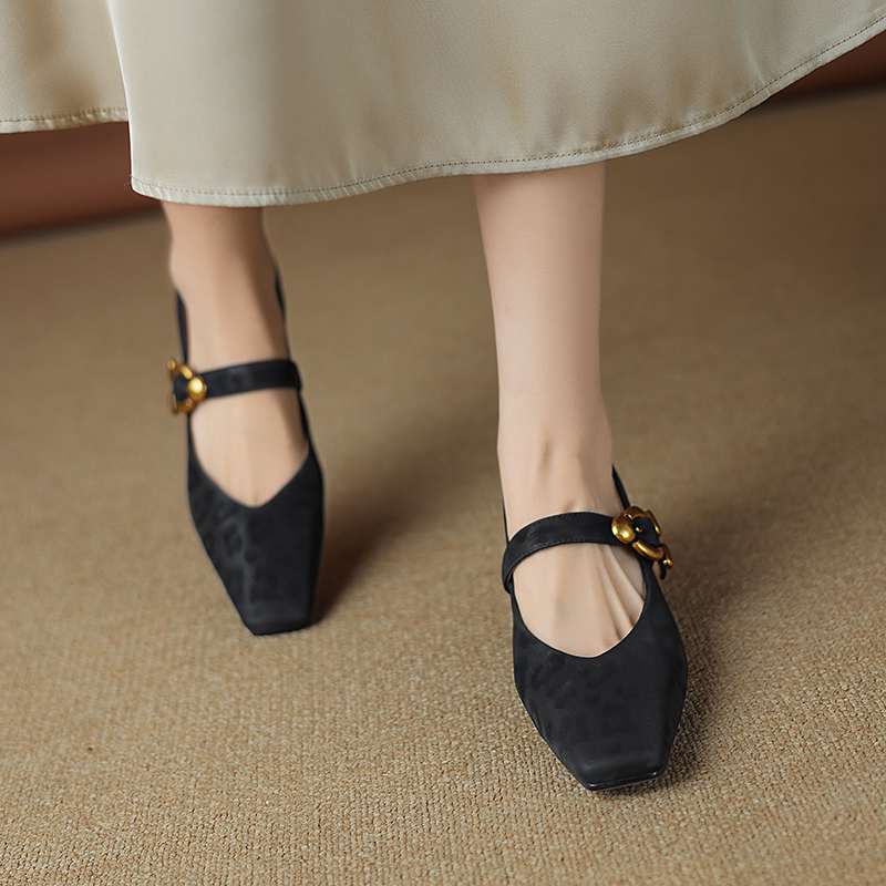 Krazing Pot Sheep Skin Summer Spring Autumn Stiletto Med Heels Leopard Women Square Toe Metal Decoration Shallow Pumps
