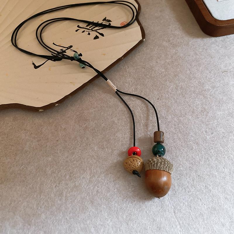 Wooden Bead Acorn Pendant, Wax Rope Necklace, Retro Ethnic Style Pull-out Sweater Chain, New Chinese Versatile Niche Item Decoration