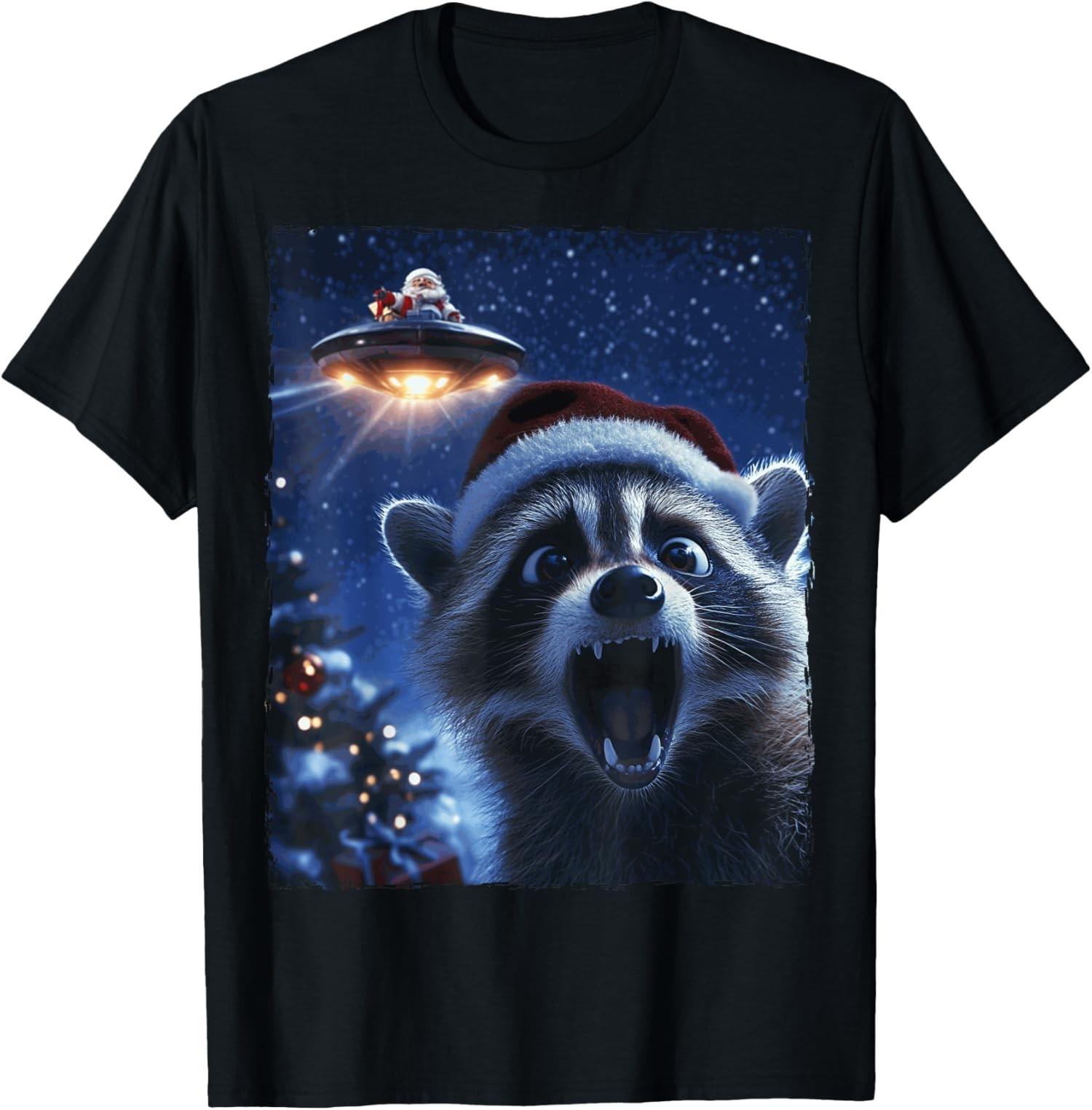 Funny Raccoon Selfie Santa Ufo Xmas Christmas Unisex T-Shirt S разноцветный