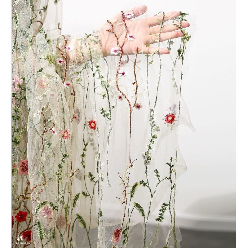 Forest-Style Vine Embroidery Fabric Embroidered Gradientmesh Yarn for Handmade DIY Sewing Gown Wedding Party Dress 100/300/500cm