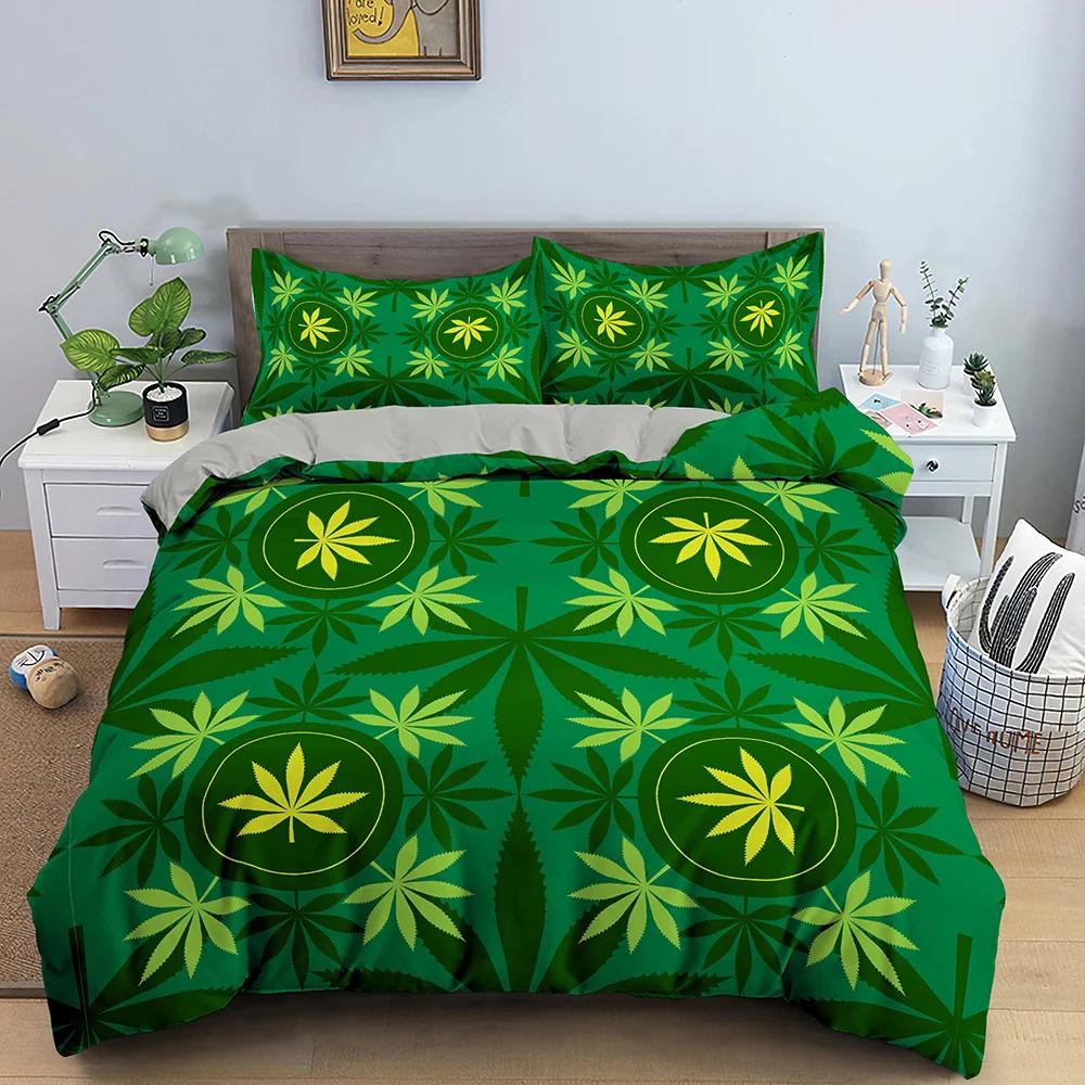 Maple Leaves King Queen Bedding Set Psychedelic Weed Leaf Duvet Cover Colorful Stripes 2/3Pcs Polyester Quilt Cover