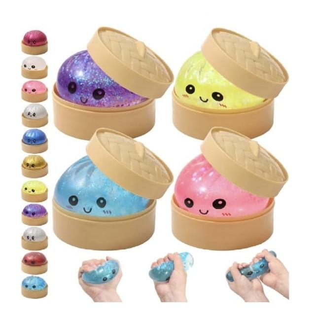 Antistresová knedlíková squishy krabička se třpytkami a záhadným obsahem, vícebarevná mačkací hračka