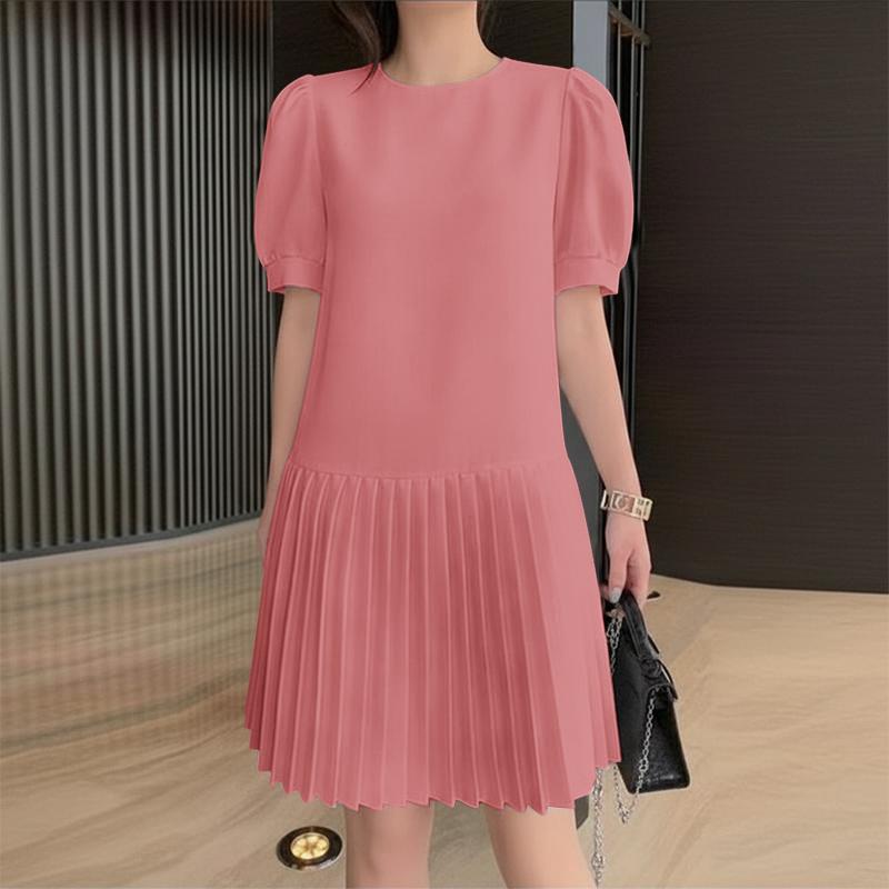 ZANZEA Women Casual Round Neck Solid Color Short Sleeve Pleated Dress