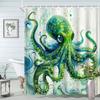 Octopus Watercolor Shower Curtain Green Abstract Octopus with Blue Waves, Vivid Ocean Art Bath Curtain for Creative Home Decor
