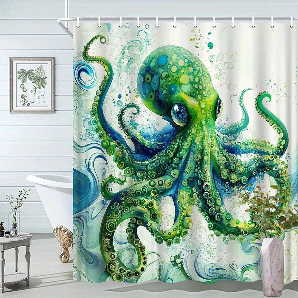 

Акварельная шторка для душа с осьминогом, зеленая абстрактная осьминог с синими волнами, яркое морское искусство, шторка для ванной для креативного домашнего декора 90X180cm(35x70in)