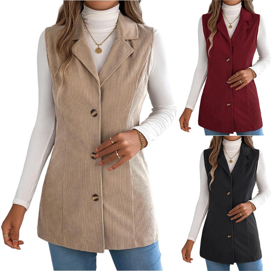 Women's Fashionable Solid Color Sleeveless Lapel Button Vest Jacket