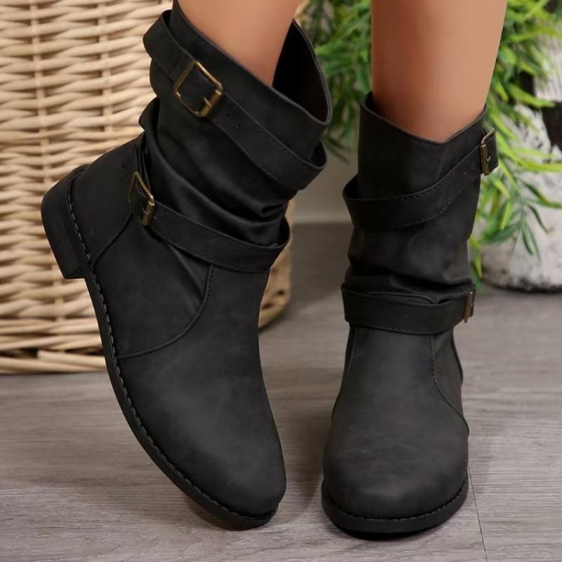 Autumn/Winter European and American Motorcycle Boots Retro Belt Buckle Large Women's Middle Top Leather Boots