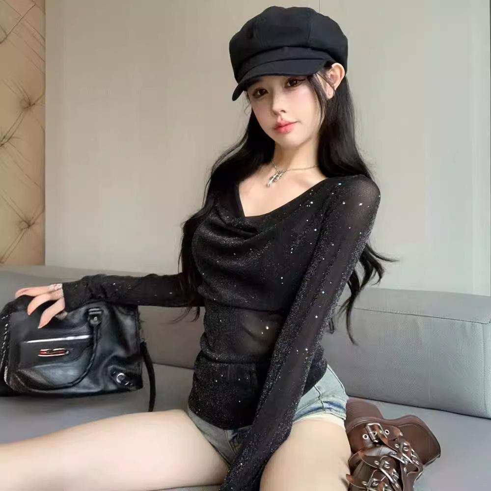 Sparkling Swing Neck Long Sleeve T-Shirt Women's Autumn Pure Desire Spice Girl Sexy See-Through Top Mesh Bottom Shirt