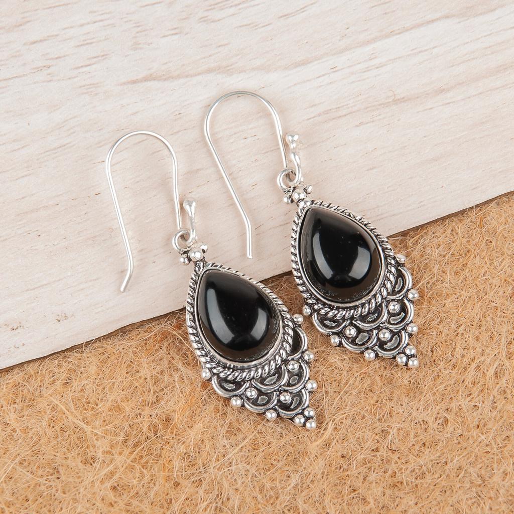 Black Tourmaline Gemstone 925 Sterling Silver Jewelry Earrings1.9" Gift For Wife EE-85-19